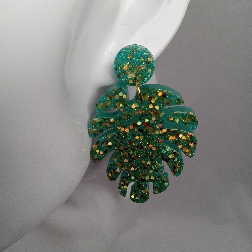 Green Glitter Leaf Earrings